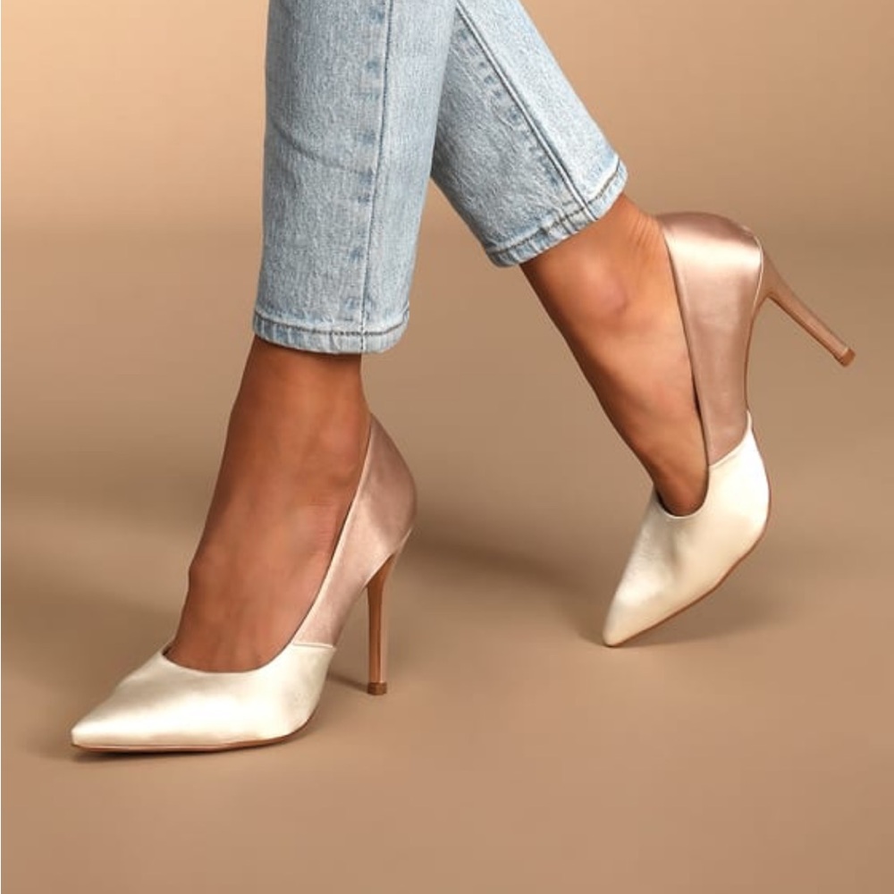 Lulus white and champagne satin color block pointed-toe pumps